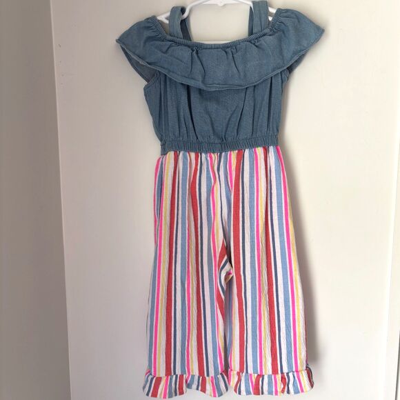 Little Lass Size 3T Denim & Cotton Pinstriped Ruffle Leg Wide Collar Jumpsuit #M - Picture 2 of 7